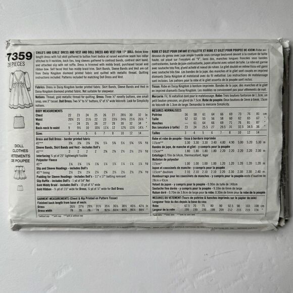 SIMPLICITY SEWING PATTERN 7359 GIRLS & DOLL DAISY KINGDOM DRESS & VEST SZ 3-6 - Picture 3 of 3